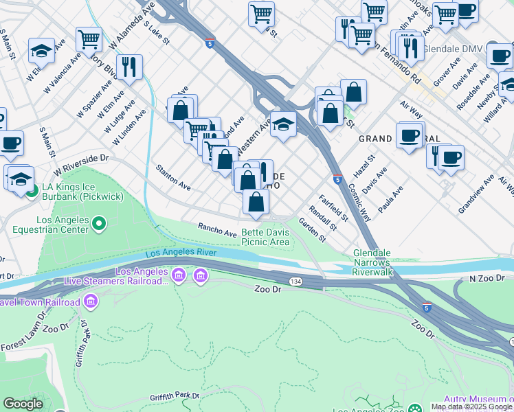 map of restaurants, bars, coffee shops, grocery stores, and more near 1545 Victory Boulevard in Glendale