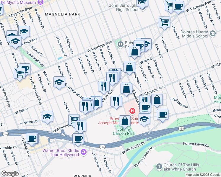 map of restaurants, bars, coffee shops, grocery stores, and more near 122 North Florence Street in Burbank