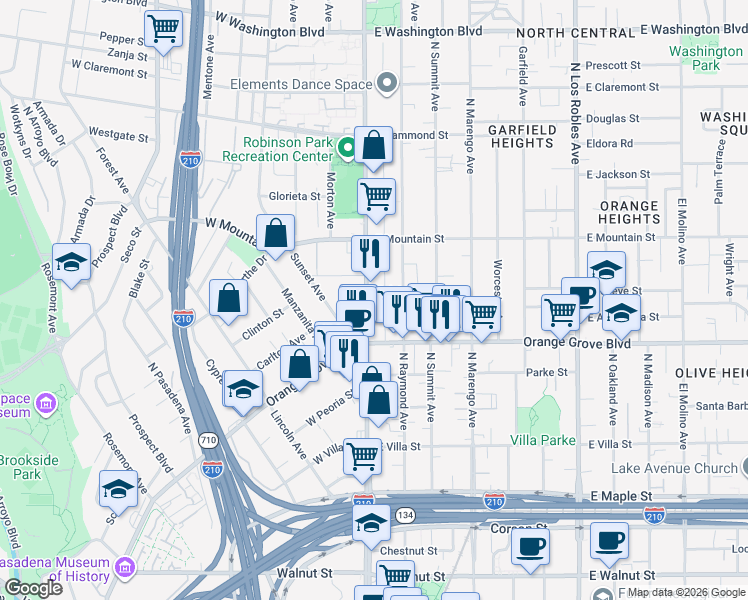 map of restaurants, bars, coffee shops, grocery stores, and more near 782 Fair Oaks Avenue in Pasadena