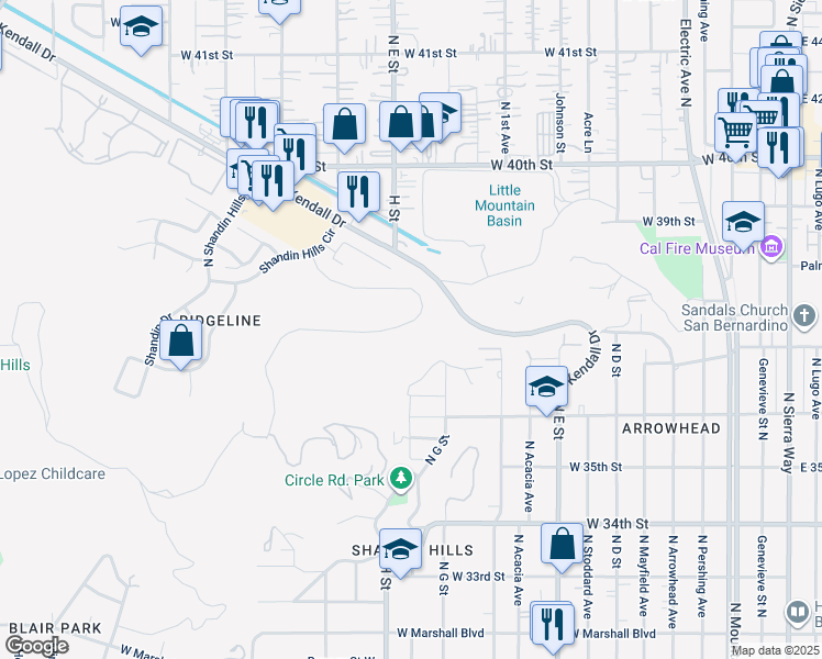 map of restaurants, bars, coffee shops, grocery stores, and more near 3729 Ridge Line Drive in San Bernardino