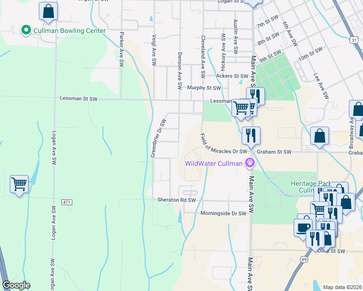 map of restaurants, bars, coffee shops, grocery stores, and more near 1646 Denson Avenue Southwest in Cullman
