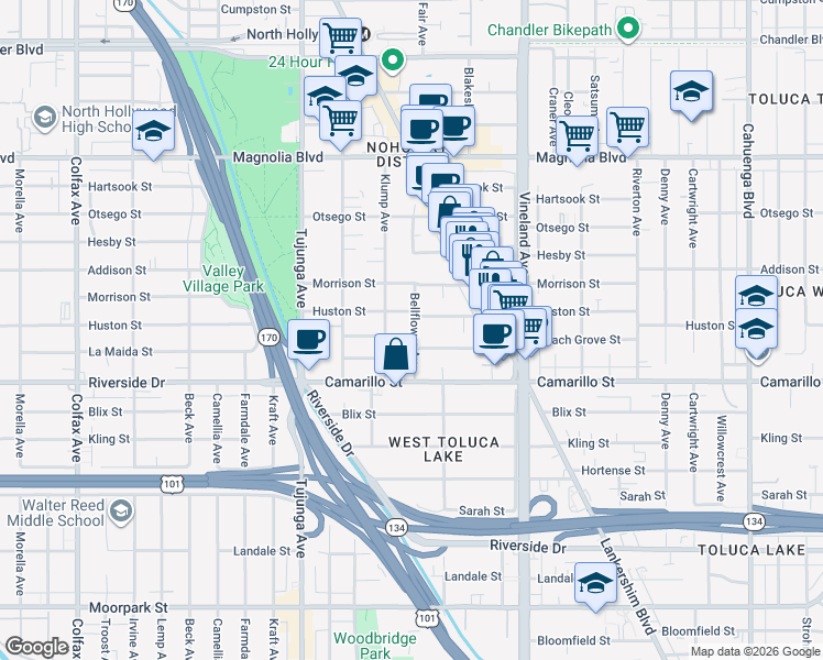 map of restaurants, bars, coffee shops, grocery stores, and more near 11170 Huston Street in Los Angeles