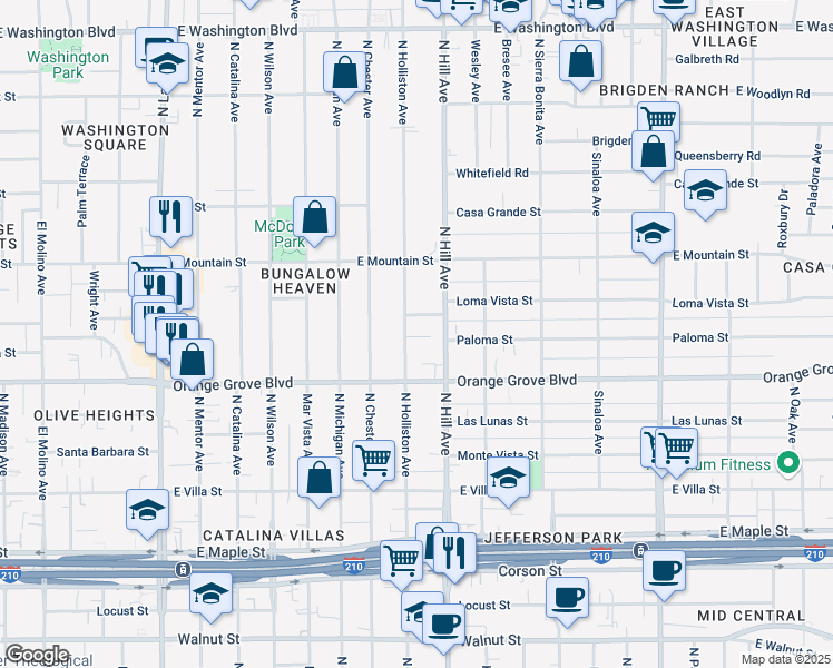 map of restaurants, bars, coffee shops, grocery stores, and more near 781 North Hill Avenue in Pasadena