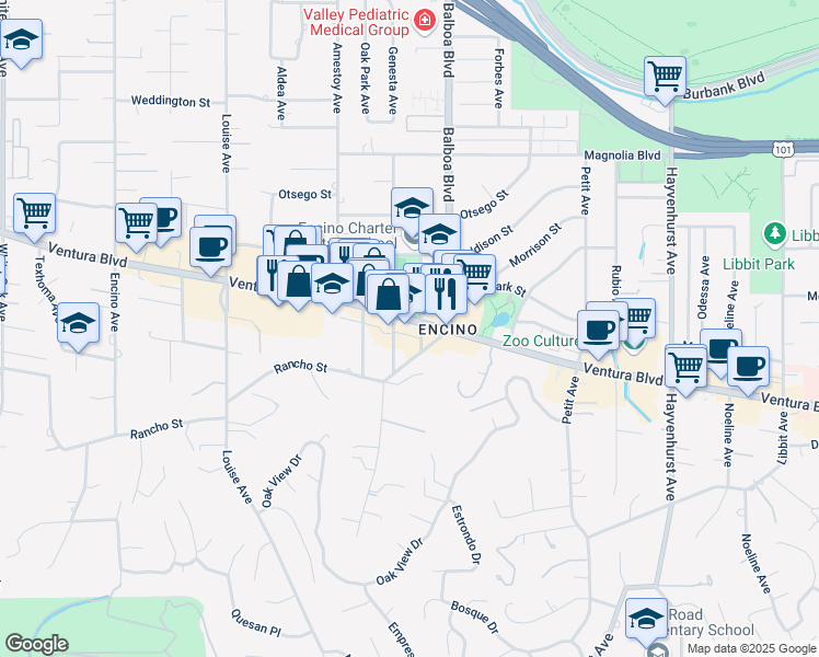 map of restaurants, bars, coffee shops, grocery stores, and more near 16946 Ventura Boulevard in Los Angeles
