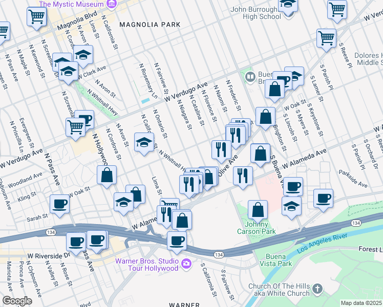 map of restaurants, bars, coffee shops, grocery stores, and more near 242 North Fairview Street in Burbank