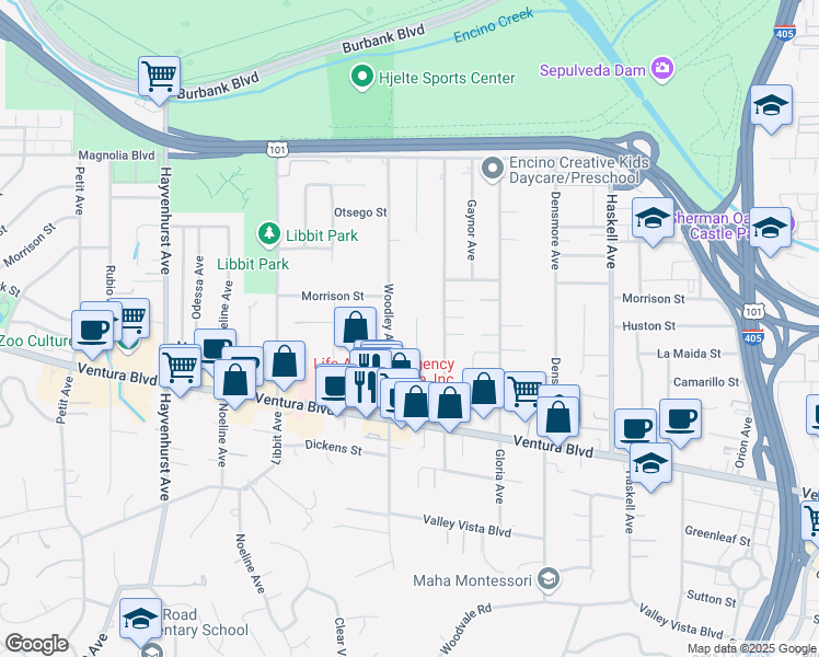 map of restaurants, bars, coffee shops, grocery stores, and more near 4933 Collett Avenue in Los Angeles
