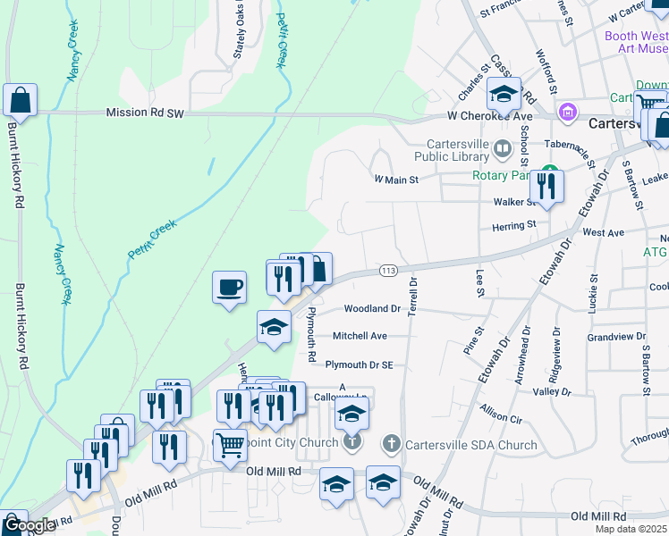 map of restaurants, bars, coffee shops, grocery stores, and more near 767 West Avenue in Cartersville