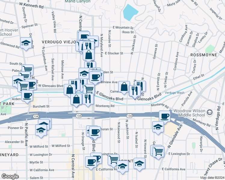 map of restaurants, bars, coffee shops, grocery stores, and more near 930 North Louise Street in Glendale