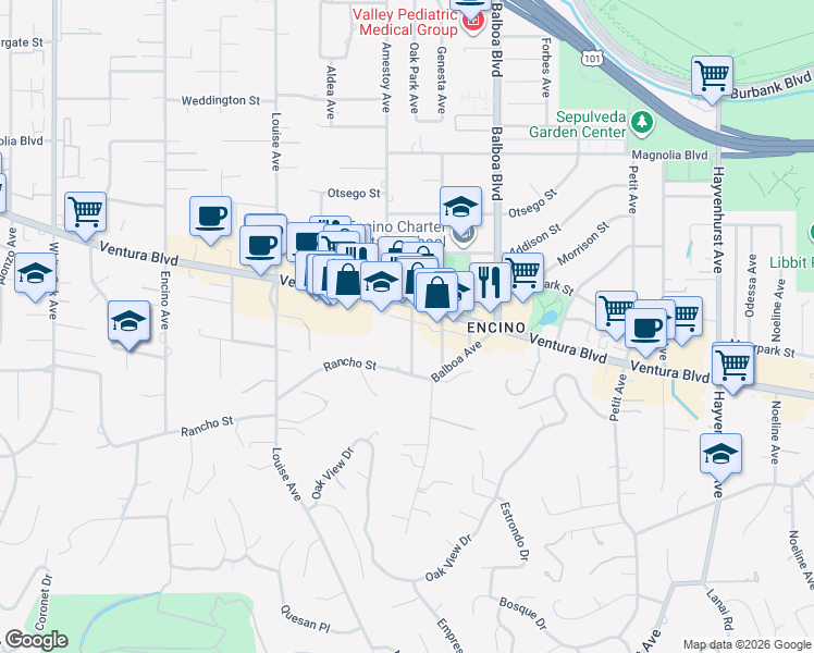 map of restaurants, bars, coffee shops, grocery stores, and more near 17038 West Oak Park Court in Los Angeles