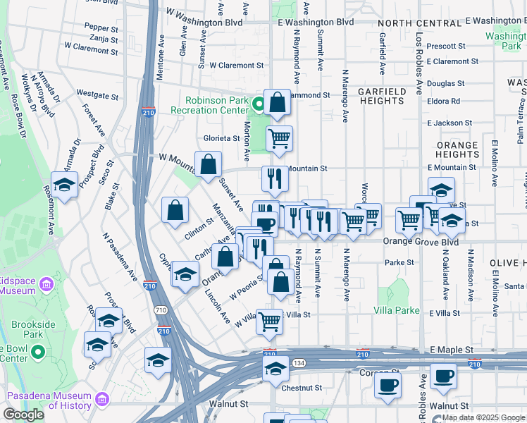 map of restaurants, bars, coffee shops, grocery stores, and more near in Pasadena