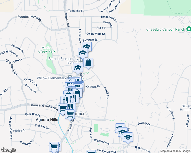 map of restaurants, bars, coffee shops, grocery stores, and more near 28902 Hollow Brook Avenue in Agoura Hills