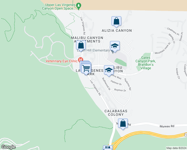 map of restaurants, bars, coffee shops, grocery stores, and more near 5606 Las Virgenes Road in Calabasas