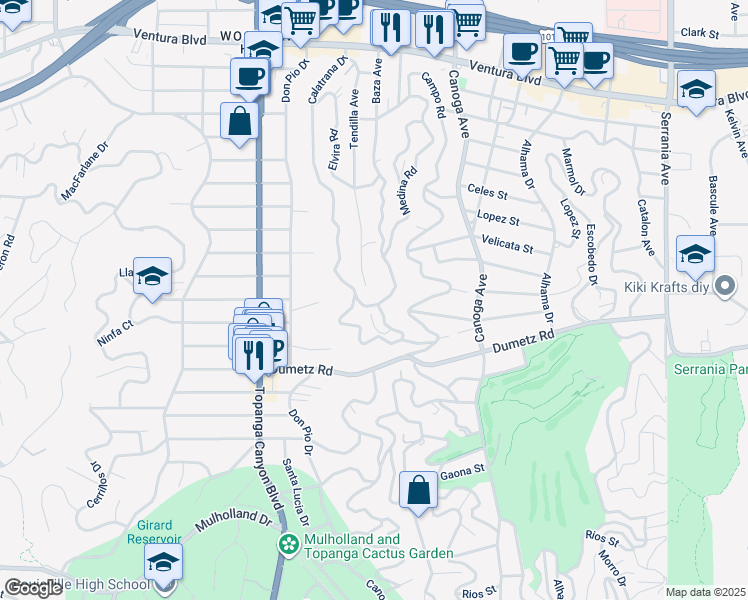map of restaurants, bars, coffee shops, grocery stores, and more near 5000 Calatrana Drive in Los Angeles