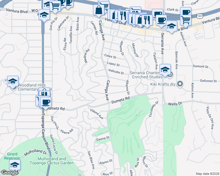 map of restaurants, bars, coffee shops, grocery stores, and more near 4974 Canoga Avenue in Los Angeles