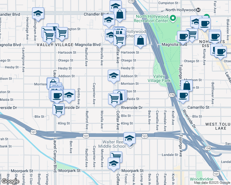 map of restaurants, bars, coffee shops, grocery stores, and more near 11708 Huston Street in Los Angeles