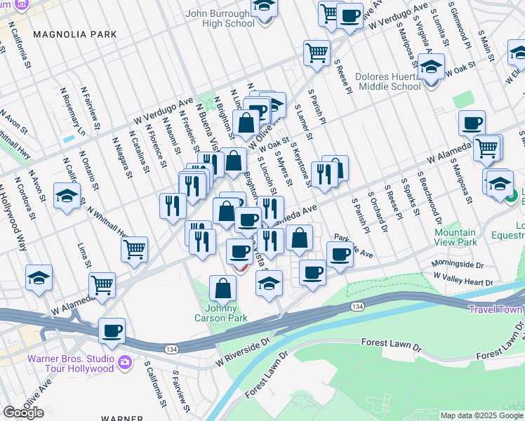 map of restaurants, bars, coffee shops, grocery stores, and more near 236 South Brighton Street in Burbank