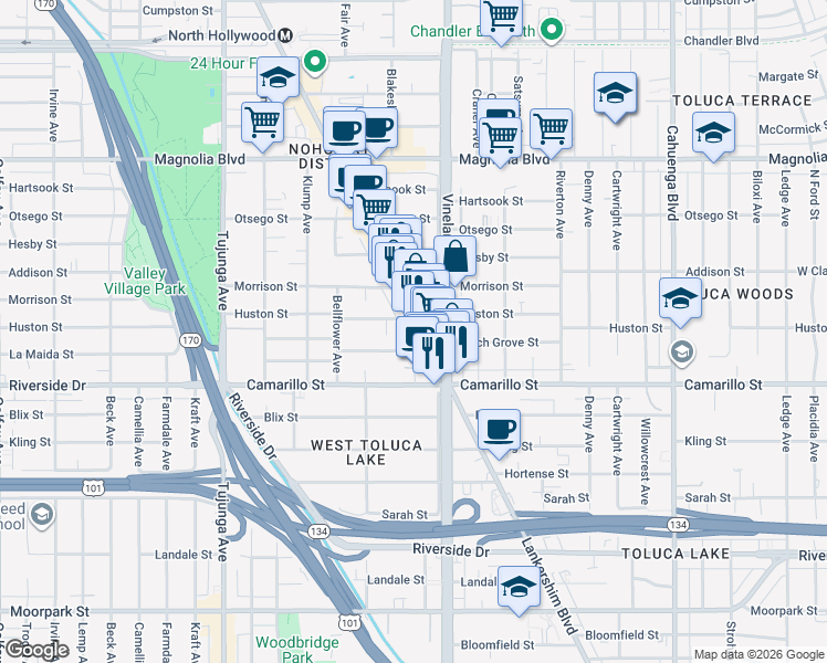 map of restaurants, bars, coffee shops, grocery stores, and more near 4868 Lankershim Boulevard in Los Angeles