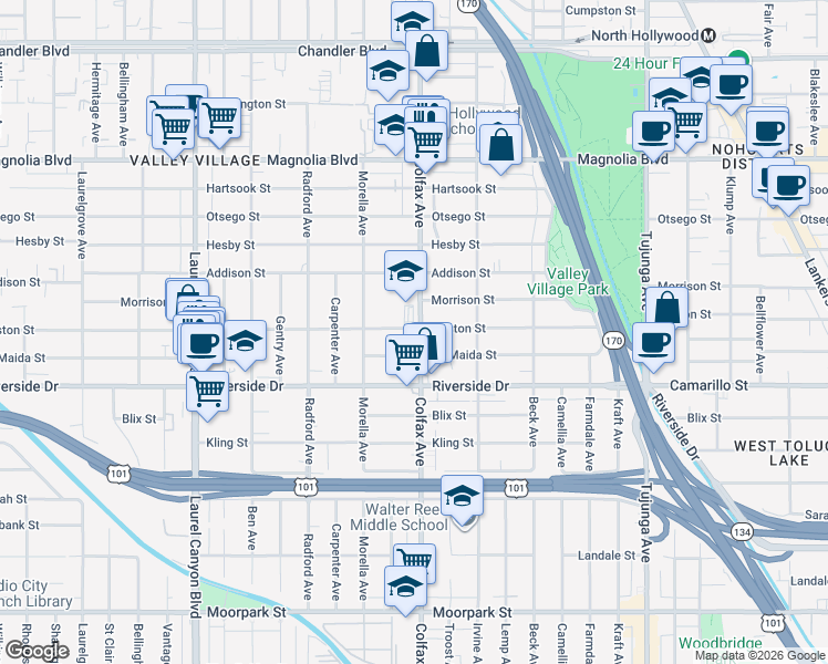 map of restaurants, bars, coffee shops, grocery stores, and more near 11700 Huston Street in Los Angeles