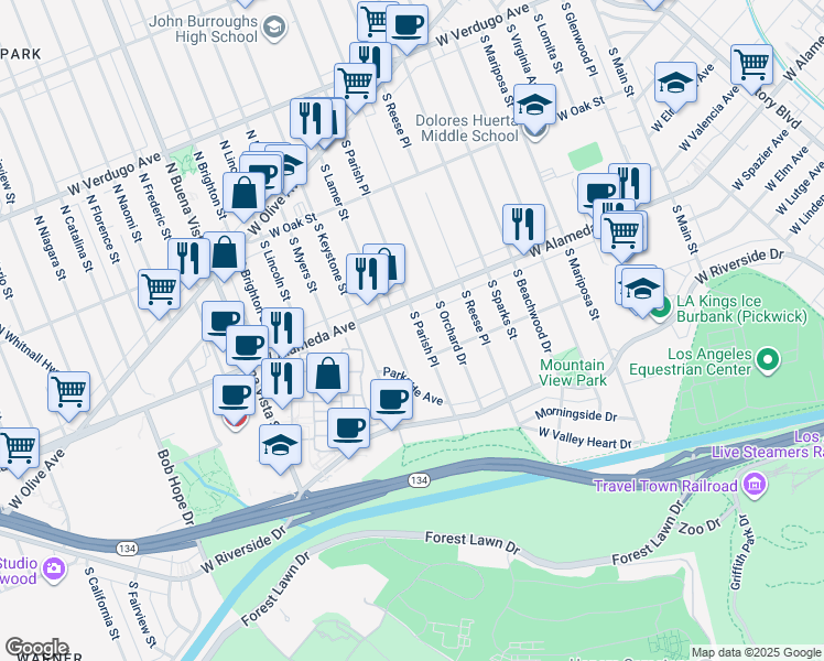 map of restaurants, bars, coffee shops, grocery stores, and more near 521 South Parish Place in Burbank