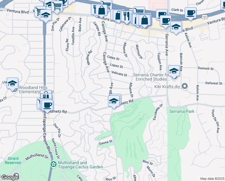 map of restaurants, bars, coffee shops, grocery stores, and more near 4974 Canoga Avenue in Los Angeles