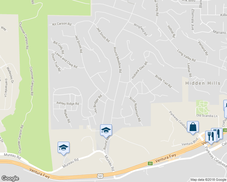 map of restaurants, bars, coffee shops, grocery stores, and more near 5353 Round Meadow Road in Hidden Hills
