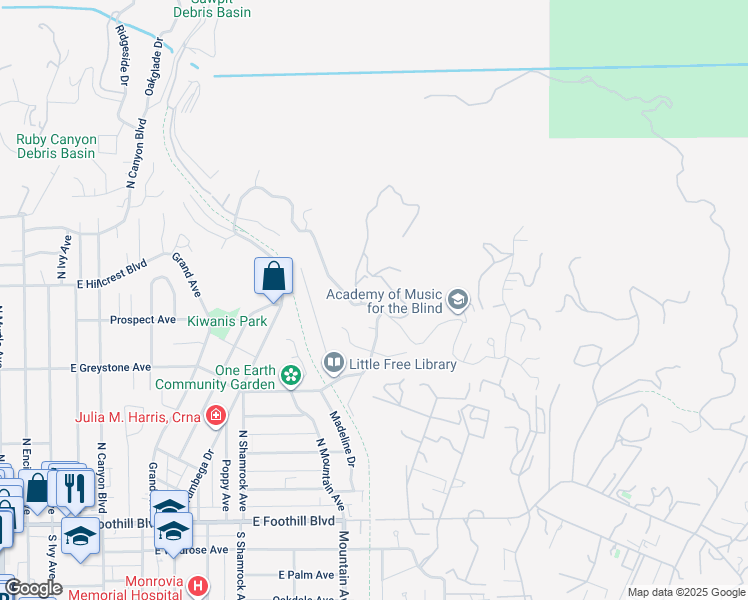 map of restaurants, bars, coffee shops, grocery stores, and more near 785 Norumbega Drive in Monrovia