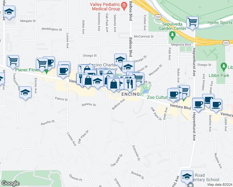 map of restaurants, bars, coffee shops, grocery stores, and more near 16952 Ventura Blvd in Encino