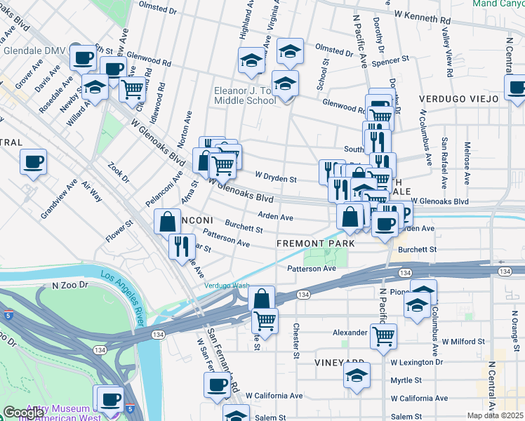 map of restaurants, bars, coffee shops, grocery stores, and more near 721 Arden Avenue in Glendale