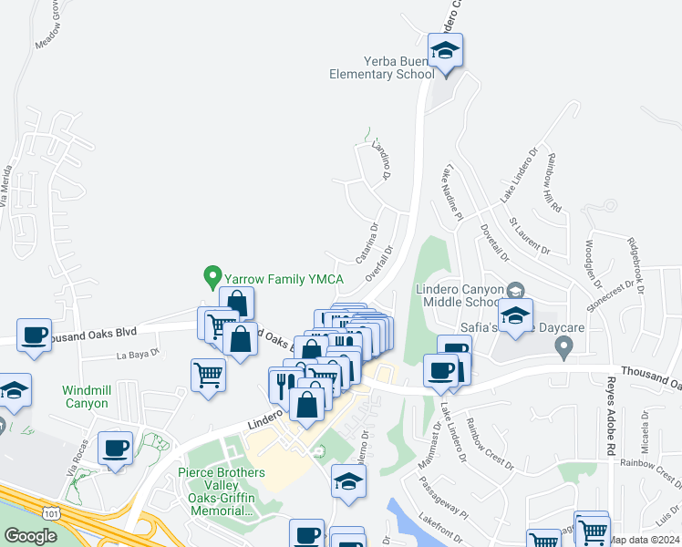 map of restaurants, bars, coffee shops, grocery stores, and more near 5872 Cardoza Drive in Westlake Village