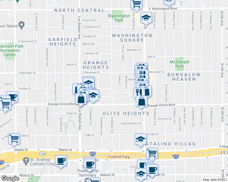 map of restaurants, bars, coffee shops, grocery stores, and more near 780 North El Molino Avenue in Pasadena