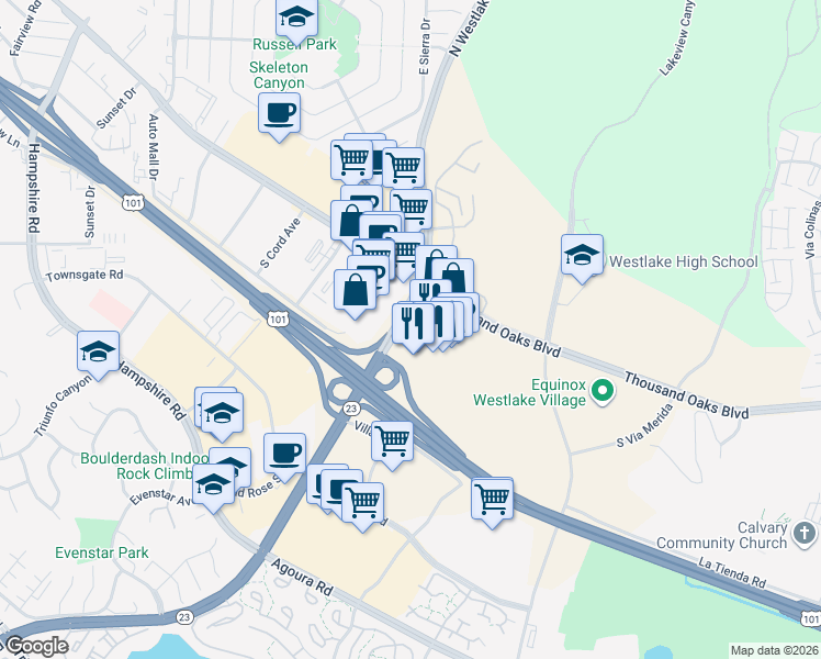 map of restaurants, bars, coffee shops, grocery stores, and more near 120 South Westlake Boulevard in Westlake Village