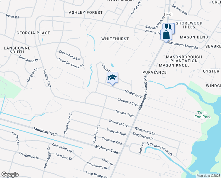 map of restaurants, bars, coffee shops, grocery stores, and more near 301 Monterey Drive in Wilmington