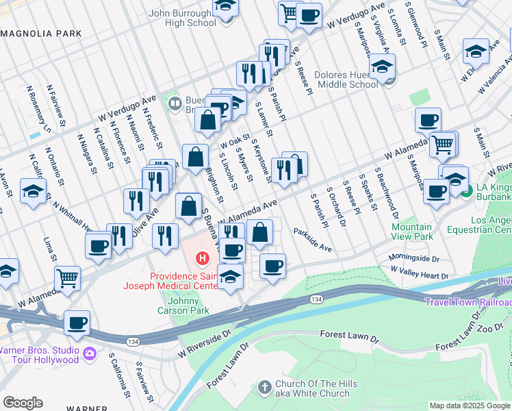 map of restaurants, bars, coffee shops, grocery stores, and more near 338 South Lincoln Street in Burbank