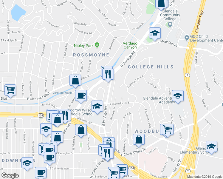map of restaurants, bars, coffee shops, grocery stores, and more near 1004 North Verdugo Road in Glendale