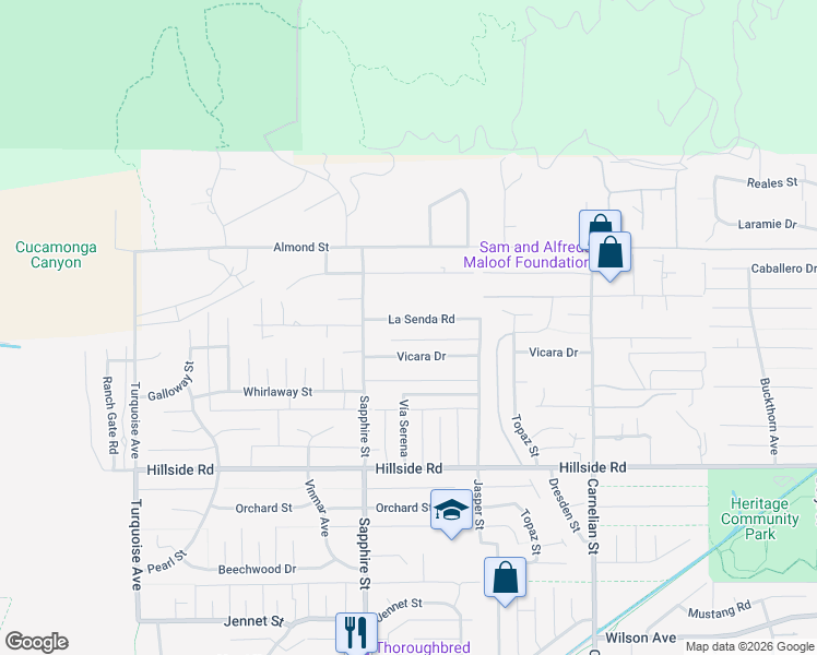 map of restaurants, bars, coffee shops, grocery stores, and more near 8317 La Senda Road in Rancho Cucamonga