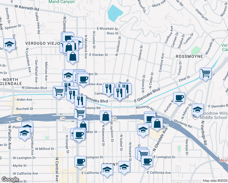 map of restaurants, bars, coffee shops, grocery stores, and more near 926 North Jackson Street in Glendale