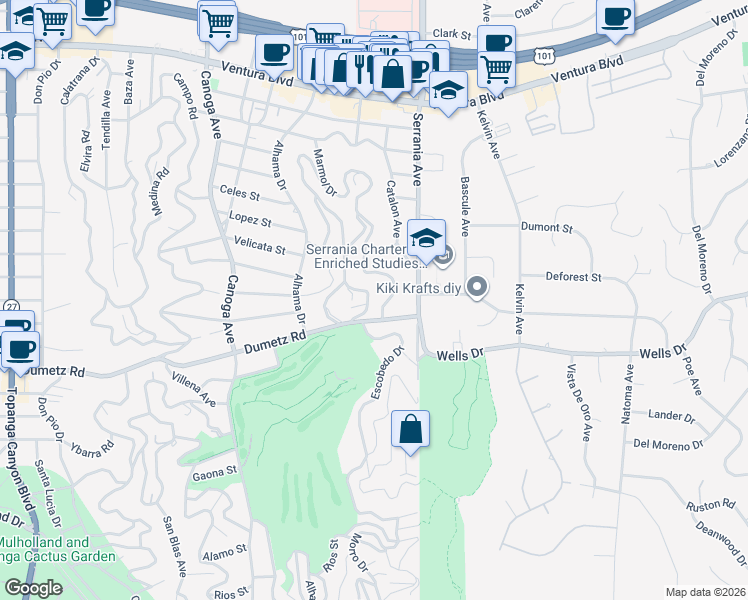 map of restaurants, bars, coffee shops, grocery stores, and more near 4922 Escobedo Drive in Los Angeles