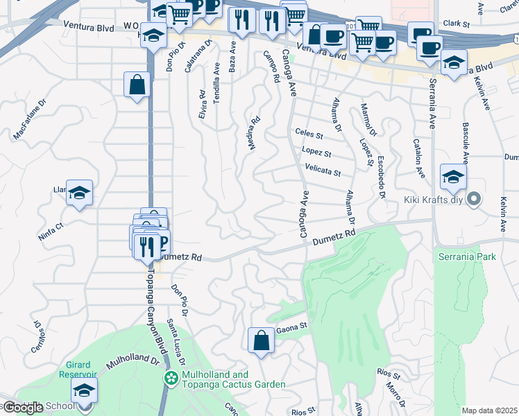 map of restaurants, bars, coffee shops, grocery stores, and more near 5015 Campo Road in Los Angeles