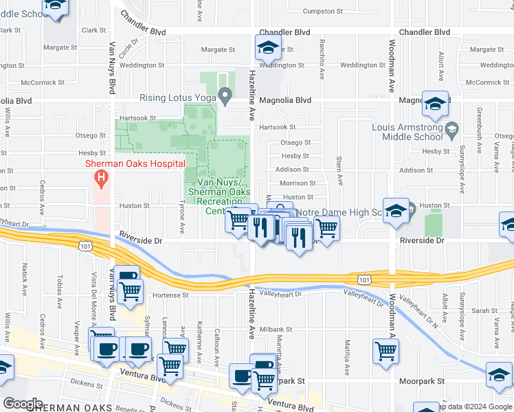map of restaurants, bars, coffee shops, grocery stores, and more near 4860 Hazeltine Avenue in Los Angeles