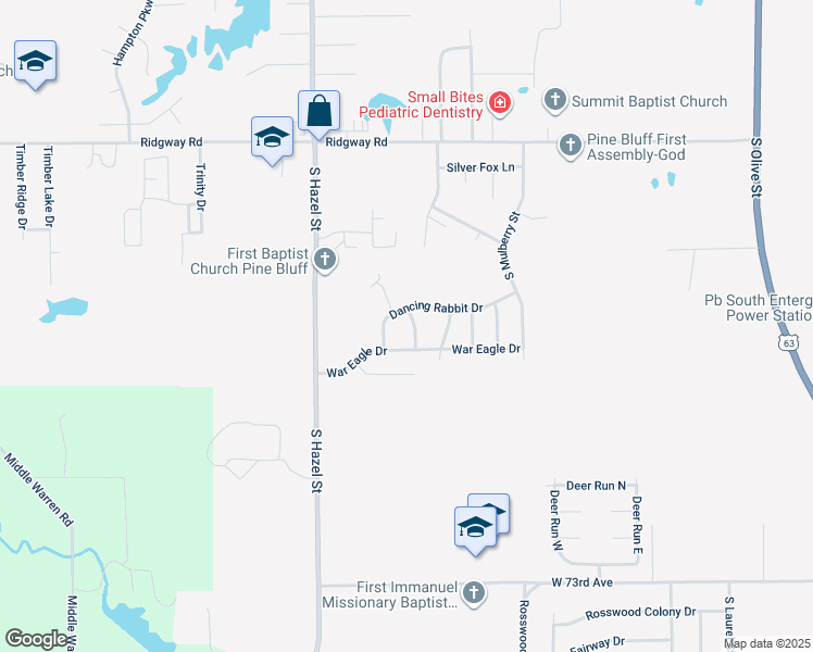 map of restaurants, bars, coffee shops, grocery stores, and more near 6502 Silver Fawn Drive in Pine Bluff