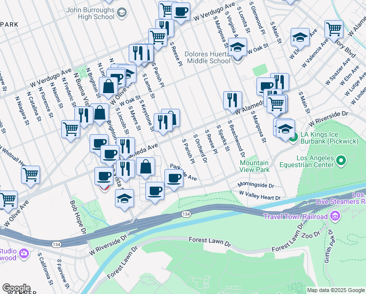 map of restaurants, bars, coffee shops, grocery stores, and more near 521 South Parish Place in Burbank