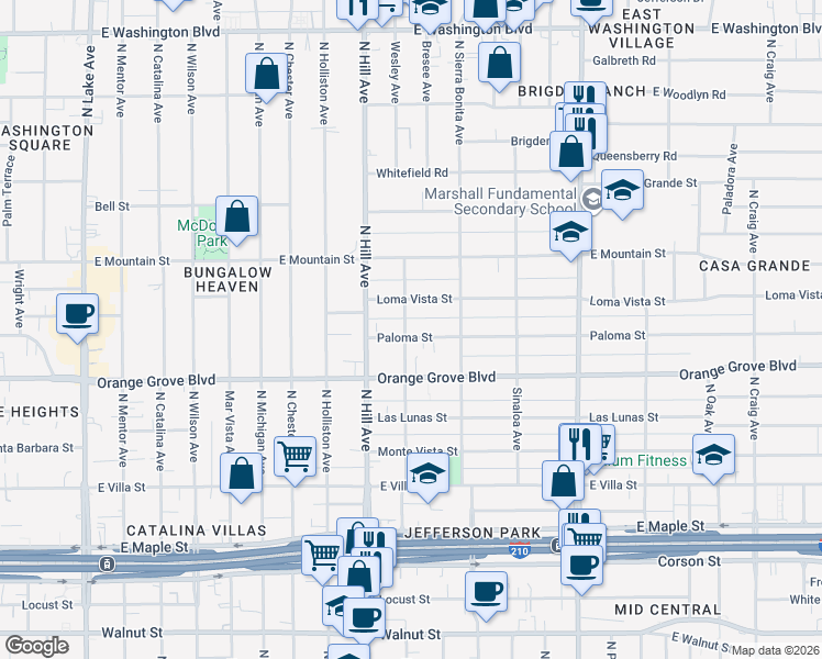 map of restaurants, bars, coffee shops, grocery stores, and more near 1523 Paloma Street in Pasadena