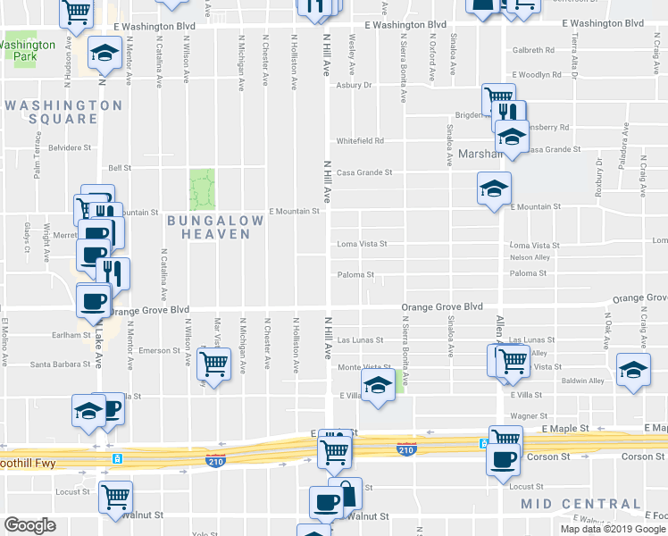 map of restaurants, bars, coffee shops, grocery stores, and more near 1445 Paloma Street in Pasadena