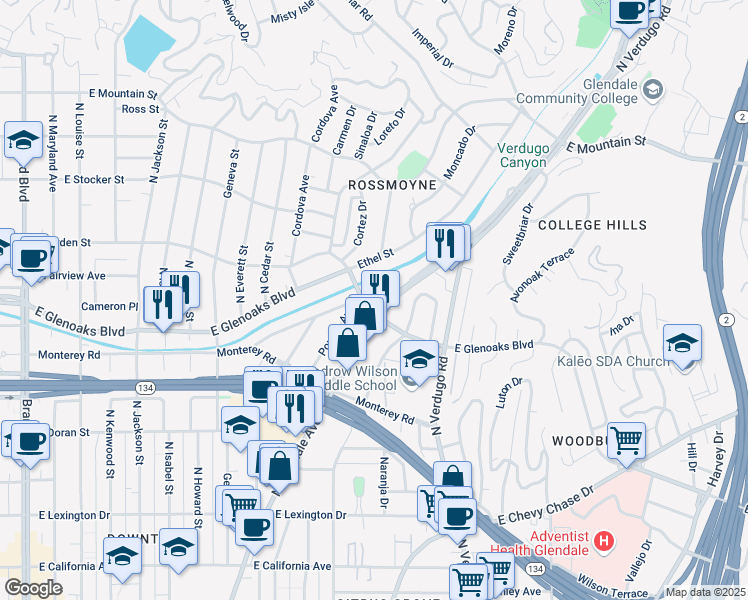 map of restaurants, bars, coffee shops, grocery stores, and more near 1037 East Glenoaks Boulevard in Glendale