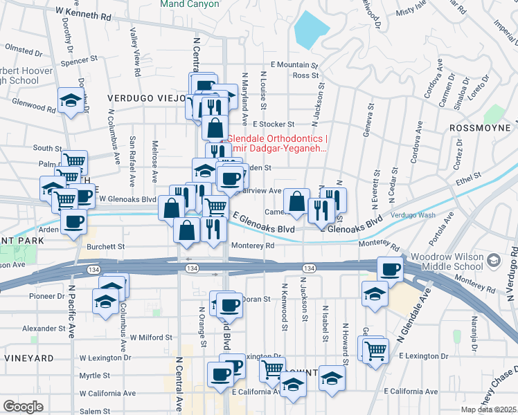 map of restaurants, bars, coffee shops, grocery stores, and more near 930 North Louise Street in Glendale