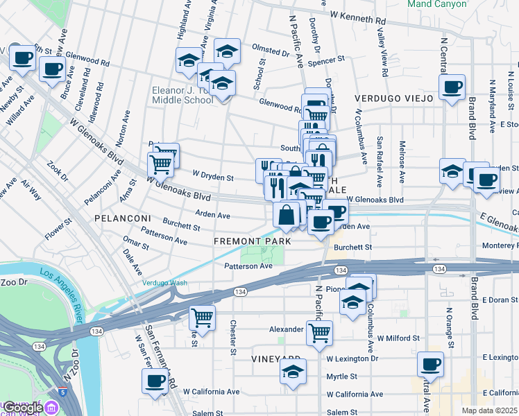 map of restaurants, bars, coffee shops, grocery stores, and more near 648 West Glenoaks Boulevard in Glendale