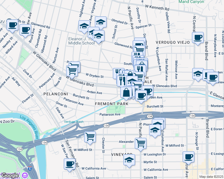 map of restaurants, bars, coffee shops, grocery stores, and more near 648 West Glenoaks Boulevard in Glendale