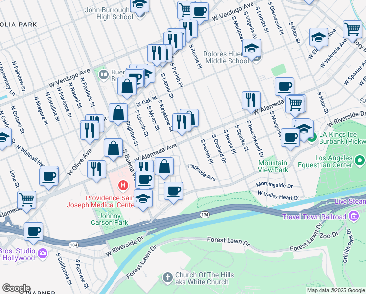 map of restaurants, bars, coffee shops, grocery stores, and more near 411 South Lamer Street in Burbank
