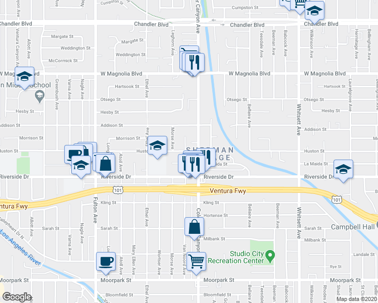 map of restaurants, bars, coffee shops, grocery stores, and more near 4900 Van Noord Avenue in Los Angeles