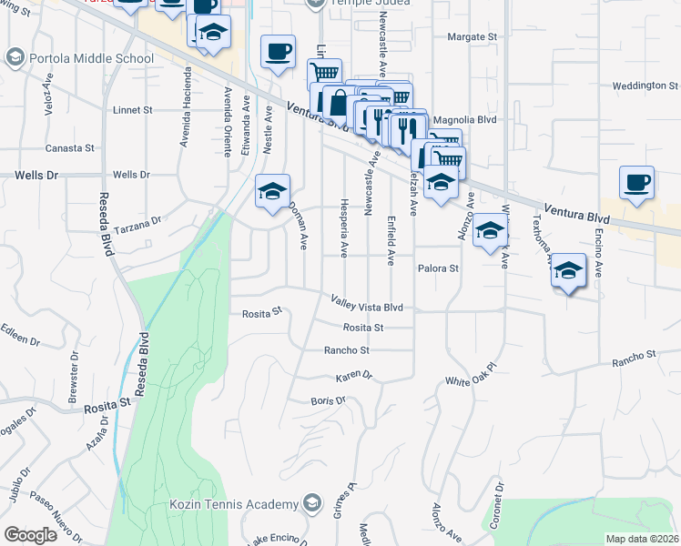 map of restaurants, bars, coffee shops, grocery stores, and more near 4934 Lindley Avenue in Los Angeles